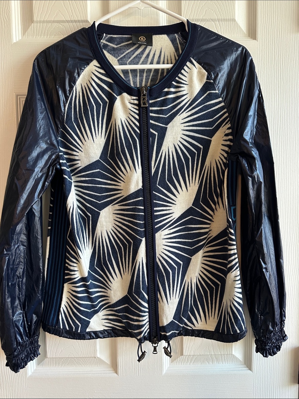 BOGNER Navy & Cream Geometric Zip Bomber Jacket/Sweater - SZ S